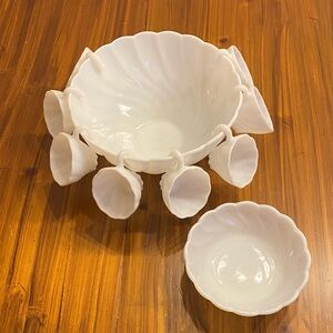 Elegant White Scalloped Milkglass Punchbowl Set